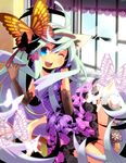 ;d animal_ears blue_eyes blush bug butterfly cat_ears cat_tail elbow_gloves flower flying gloves highres indoors insect long_hair looking_up moonyan one_eye_closed open_mouth original plant smile solo tail window windowsill wings 