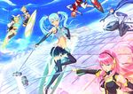  4girls aqua_eyes aqua_hair blonde_hair blue_eyes boots detached_sleeves gloves hatsune_miku highres hover_board kagamine_len kagamine_rin kaito kazeno long_hair megurine_luka meiko microphone multiple_boys multiple_girls necktie pink_hair skirt thigh_boots thighhighs twintails vocaloid 