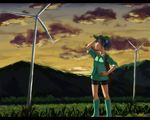  bad_id bad_pixiv_id bag blue_eyes blue_hair boots hair_bobbles hair_ornament hand_on_headwear hat kawashiro_nitori kurione_(zassou) letterboxed rubber_boots scenery short_hair sleeves_rolled_up solo standing sunset touhou twintails wind_turbine windmill 