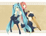  aqua_eyes aqua_hair back-to-back bad_id bad_pixiv_id boots hatsune_miku headphones long_hair megurine_luka monaco_(rmn02) multiple_girls pink_hair sitting skirt smile thighhighs twintails very_long_hair vocaloid zettai_ryouiki 