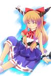  bad_id bad_pixiv_id bow chain cuffs eating food fruit hair_bow hitsujibane_shinobu horns ibuki_suika orange_hair solo touhou watermelon 