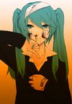  aqua_eyes aqua_hair bad_id bad_pixiv_id bandages bandaid bandaid_on_finger bandaid_on_hand blood bloody_nose gradient gradient_background hatsune_miku long_hair nntn orange_background rolling_girl_(vocaloid) solo sweater twintails upper_body vocaloid 