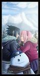  1girl black_hair colorized couple damleg diabolumberto green_eyes haruno_sakura hetero highres naruto naruto_(series) naruto_shippuuden pink_hair snowman uchiha_sasuke 