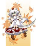  animal_ears detached_sleeves fang green_eyes hat inubashiri_momiji leaf nanashi_kaminari solo sword tail tokin_hat touhou weapon wolf_ears wolf_tail 