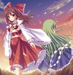  ahoge back-to-back bangs blue_skirt bow brown_eyes brown_hair detached_sleeves dutch_angle floating_hair frilled_bow frilled_hair_tubes frilled_skirt frilled_sleeves frills frog_hair_ornament from_behind full_body gohei green_hair hair_bow hair_ornament hair_tubes hakurei_reimu hand_on_ear image_sample kochiya_sanae long_hair long_skirt looking_at_viewer medium_hair multiple_girls navel ofuda pixiv_sample polka_dot_skirt red_bow red_ribbon red_skirt ribbon ribbon-trimmed_skirt ribbon-trimmed_sleeves ribbon_trim skirt skirt_set sky skywaker standing sunset touhou wheat_field white_ribbon white_sleeves wide_sleeves wind 