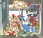  alcohol alternate_costume azito7 barefoot beer black_hair bloomers blue_eyes bow brown_eyes chibi eating feet food fruit hair_bow hakurei_reimu horns ibuki_suika lemon long_hair long_toenails multiple_girls orange_hair sake snail toenails touhou underwear 