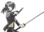  androgynous aoi_shiro belt black_hair cowboy_shot dual_wielding holding holding_sword holding_weapon katana kaya_(aoi_shiro) midriff pant ponytail sheath short_hair simple_background solo sword unsheathing weapon white_background 