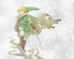  blonde_hair blue_eyes cape gloves hat holding holding_sword holding_weapon left-handed link male_focus pointy_ears setsu_(fb610) snow solo sword the_legend_of_zelda weapon wind 