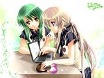  blonde_hair breast_mousepad computer feeding food green_hair kanna_(plum) laptop mousepad mousepad_(object) multiple_girls onigiri pixiv ponytail purple_eyes wallpaper yellow_eyes 