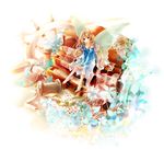  abstract barefoot blonde_hair blue_dress couch doily dress dutch_angle fairy flower lace long_hair long_sleeves minigirl natsukawa_kou original red_eyes short_hair simple_background sitting solo spool white_background wings 