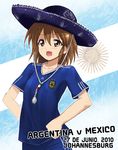  2010_fifa_world_cup adidas argentina brown_eyes brown_hair hat hirasawa_yui k-on! kaiga mexico product_placement short_hair soccer_uniform solo sombrero spanish sportswear world_cup 