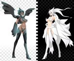  black_vs_white breasts dark_skin emukon gen_5_pokemon highres large_breasts legs md5_mismatch multiple_girls personification pokemon reshiram thighhighs wings zekrom 