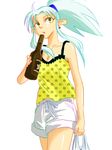  alcohol bag blue_hair bottle casual earrings hinalogic jewelry ponytail ryouko_(tenchi_muyou!) shorts solo spiked_hair tenchi_muyou! yellow_eyes 