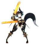  :p animal_ears armor bad_id bad_pixiv_id bare_shoulders black_hair black_legwear breasts claw_(weapon) claws cleavage fighting_stance fire flame fox_ears fox_tail ganesagi gauntlets greaves highres leotard medium_breasts orange_eyes original red_eyes short_hair simple_background solo spread_legs standing tail thighhighs tongue tongue_out weapon white_background 