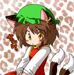  animal_ears brown_hair cat_ears cat_tail chen earrings eromame hat jewelry lowres multiple_tails short_hair solo tail touhou 