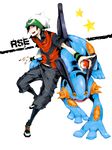  alternate_costume black_hair blue_eyes gen_3_pokemon male_focus poke_ball pokemon pokemon_(creature) pokemon_(game) pokemon_emerald pokemon_rse swampert tegaki wristband yuuki_(pokemon) 