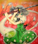  airbrush_(medium) aqua_eyes bad_id bad_pixiv_id ghost hitodama holding katana konpaku_youmu konpaku_youmu_(ghost) marker_(medium) nekogatsu_kirara pastel_(medium) petals sample serious solo sword touhou traditional_media weapon 