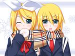  1girl bad_id bad_pixiv_id baozi blonde_hair brother_and_sister eating food green_eyes kagamine_len kagamine_rin one_eye_closed scarf shared_scarf short_hair siblings twins vocaloid yakitori_(oni) 