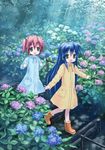  ahoge blue_hair commentary_request flower green_eyes highres hydrangea isou_nagi izumi_konata kobayakawa_yutaka long_hair lucky_star mole mole_under_eye multiple_girls raincoat red_hair scenery short_hair smile twintails 