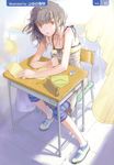  absurdres bare_shoulders bowl chair desk dress eraser full_body fuyuno_haruaki highres indoors looking_at_viewer mary_janes orange_eyes original pencil school_desk shade shoes short_hair sitting solo striped sundress sunlight table techno_fuyuno 