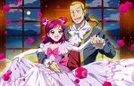 1girl :d bow bunbee_(yes!_precure_5) choker couple dancing dress elbow_gloves eyelashes flower frills gloves gown hair_ribbon height_difference hetero maeashi open_mouth pink_flower pink_hair pink_rose precure purple_eyes ribbon rose short_twintails smile twintails two_side_up yes!_precure_5 yumehara_nozomi 