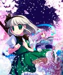  bad_id bad_pixiv_id bangs blunt_bangs bob_cut bug butterfly cherry_blossoms ghost green_eyes hairband hat hitodama insect japanese_clothes konpaku_youmu konpaku_youmu_(ghost) multiple_girls natsukawa_sarasa pink_eyes pink_hair saigyouji_yuyuko short_hair silver_hair touhou 