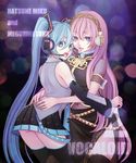  bad_id bad_pixiv_id blue_eyes blue_hair detached_sleeves hatsune_miku headset hug koko-1109 long_hair looking_back megurine_luka multiple_girls navel open_mouth pink_hair skirt thighhighs twintails very_long_hair vocaloid 