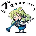  &gt;_&lt; blush chibi closed_eyes detached_sleeves frog green_hair hair_ornament hairband highres horn_(instrument) kabayaki_unagi kochiya_sanae long_hair snake solo touhou vuvuzela 