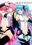  aqua_eyes aqua_hair bad_id bad_pixiv_id blue_eyes bridal_gauntlets cosplay hatsune_miku hatsune_miku_(append) hatsune_miku_(append)_(cosplay) holding_hands kemeko_(s065026) long_hair megurine_luka megurine_luka_(append) multiple_girls navel pink_hair thighhighs very_long_hair vocaloid vocaloid_append 