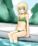  bikini blonde_hair blue_eyes day flat_chest helma_lennartz long_hair outdoors pool poolside sitting soaking_feet solo swimsuit tanaka_rikimaru water world_witches_series 