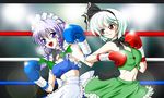  bad_id bad_pixiv_id boxing boxing_gloves braid ghost hairband izayoi_sakuya konpaku_youmu maid maid_headdress multiple_girls purple_eyes rigid short_hair silver_hair touhou twin_braids 