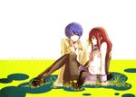  1girl angel_beats! bad_id bad_pixiv_id blue_eyes blue_hair copyright_name green_eyes hinata_(angel_beats!) red_hair school_uniform serafuku short_hair sitting thighhighs urr yuri_(angel_beats!) 