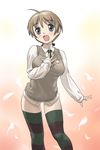  ahoge brown_hair lynette_bishop short_hair solo strike_witches striped striped_legwear sweater_vest thighhighs world_witches_series you2 