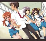  3girls arm_hug asahina_mikuru bad_id bad_pixiv_id brown_eyes brown_hair closed_eyes dutch_angle hair_ribbon hallway kita_high_school_uniform koizumi_itsuki kyon long_hair multiple_boys multiple_girls nagato_yuki ribbon school_uniform serafuku short_hair slapping suzumiya_haruhi suzumiya_haruhi_no_yuuutsu yan 