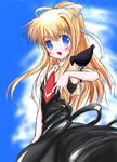  air bad_id bad_pixiv_id bird blonde_hair blue_eyes crow hair_ribbon kamio_misuzu long_hair mikeke ponytail ribbon school_uniform sora_(air) 