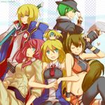  4girls animal_ears bad_id bad_pixiv_id blazblue blonde_hair brown_eyes brown_hair chibi coat fedora green_eyes green_hair hat hazama highres jin_kisaragi katana long_hair makoto_nanaya midriff mu-12 multiple_boys multiple_girls necktie noel_vermillion red_hair skirt smile squirrel_ears squirrel_tail sword tail thighhighs tsubaki_yayoi uniform weapon yamo_(sky2world) 