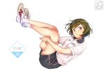  1girl artist_logo artist_name bangs black_shorts blush brown_eyes brown_hair clothes_writing collared_shirt commentary_request crossed_ankles eyebrows_visible_through_hair from_side gym_shirt gym_shorts gym_uniform head_tilt leg_hug legs_up looking_at_viewer looking_to_the_side original pairan parted_lips shirt shoes short_hair short_sleeves shorts simple_background sneakers socks solo tareme white_background white_footwear white_legwear white_shirt 