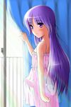  absurdres crossdressing curtains erection erection_under_clothes happiness! highres lens_flare long_hair male_focus nightgown otoko_no_ko penis purple_eyes purple_hair solo standing takebi watarase_jun window 