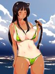  akiyama_mio animal_ears areolae bikini black_hair blush breasts cameltoe day ganto k-on! large_breasts long_hair ocean one-piece_tan pubic_hair solo swimsuit tail tan tanline wet 