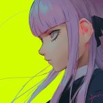  1girl bangs black_ribbon blunt_bangs closed_mouth commentary danganronpa danganronpa_1 english_commentary expressionless hair_ribbon kirigiri_kyouko long_hair looking_away portrait profile purple_eyes purple_hair qosic ribbon sidelocks signature simple_background solo tsurime yellow_background 