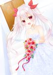  :d azur_lane bad_id bad_pixiv_id bangs bare_shoulders blue_dress blush bouquet breasts bridal_veil collarbone commentary_request door dress eyebrows_visible_through_hair fang flower hair_between_eyes hair_ribbon highres holding holding_bouquet jewelry long_hair looking_at_viewer necklace open_mouth pink_flower pink_rose pyonko_(pyonko_pyonko) red_eyes red_flower red_ribbon red_rose ribbon rose see-through silver_hair small_breasts smile solo stairs stone_stairs strapless strapless_dress twintails vampire_(azur_lane) veil very_long_hair yellow_flower yellow_rose 