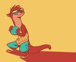  2018 anthro ball barefoot clothed clothing disney eyewear fan_character fuel_(artist) head_tuft holding_object male mammal mustelid oliver_(fuel) orange_background otter restricted_palette shadow simple_background solo standing sunglasses volleyball_(ball) zootopia 