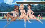  3girls areolae ass barefoot black_hair blonde_hair blue_eyes blush breasts brown_eyes brown_hair dark_skin earrings feet feet_in_water flower food from_behind fruit hair_flower hair_ornament jewelry large_breasts leaf98k legs_crossed looking_at_viewer looking_back mechanical_halo mercy_(overwatch) multiple_girls necklace nipples nude one_eye_closed open_mouth overwatch parted_lips pharah_(overwatch) pool pussy shirt short_hair sitting smile soles sunglasses sunglasses_on_head tan tanline toes tracer_(overwatch) wet wet_clothes wet_shirt wink 