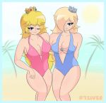 71ives bad_anatomy bare_arms bare_legs bare_shoulders beach blonde_hair blush breasts cleavage commentary crown earrings english_commentary grin hair_over_one_eye jewelry large_breasts looking_at_viewer mario_(series) multiple_girls o-ring o-ring_swimsuit ocean one-piece_swimsuit one_eye_closed outdoors palm_tree princess_peach rosetta_(mario) self_upload smile super_mario_bros. super_mario_galaxy swimsuit tree twitter_username wavy_hair 