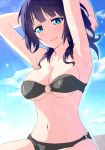  asaka_karin black_swimsuit blue_eyes blush breasts kksukeke love_live! love_live!_school_idol_festival_all_stars medium_breasts perfect_dream_project purple_hair short_hair smile stomach swimsuit 