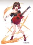  :o apple_caramel artist_name bang_dream! bangs bare_shoulders black_hair black_legwear black_shirt blue_shorts boots character_name collarbone eyebrows_visible_through_hair gradient gradient_background grey_background guitar holding holding_instrument instrument looking_at_viewer md5_mismatch mitake_ran multicolored_hair off_shoulder open_mouth plectrum red_eyes red_footwear red_hair shirt short_hair short_shorts shorts socks solo standing streaked_hair upper_teeth white_background 
