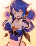  :d bandaid bandaid_on_nose black_gloves blue_hair blush breasts cleavage commentary_request crop_top detached_sleeves fang fingerless_gloves fist_bump flower gloves gradient gradient_background hair_flower hair_ornament izumi_sai large_breasts looking_at_viewer midriff navel one_eye_closed open_mouth orange_eyes original pov smile solo sunflower suspenders tears twintails upper_body wiping_tears yellow_background 