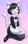  2018 alfa995 anthro black_hair blush cat clothed clothing digital_media_(artwork) fangs feline female footwear fully_clothed hair hi_res looking_at_viewer maid_uniform mammal one_eye_closed open_mouth purple_eyes shoes short_hair solo uniform wink 