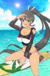  1girl beach bikini black_hair blue_eyes blush breasts cleavage curvy dark_skin female homura_(senran_kagura) large_breasts long_hair looking_at_viewer navel open_mouth ponytail senran_kagura shiny shiny_skin sitting sky smile solo surfer swimsuit thighs very_long_hair water 