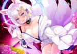  :d alternate_costume animal_ears azur_lane bangs blue_eyes blush breasts choker cleavage collarbone commentary_request dress eyebrows_visible_through_hair flower fox_ears fox_tail hair_ornament holding holding_mask ikura_nagisa japanese_clothes jewelry kaga_(azur_lane) kimono large_breasts light_particles long_hair long_sleeves looking_at_viewer mask multiple_tails no_bra off_shoulder open_mouth oriental_umbrella pink_flower ribbon ring seiza short_hair sidelocks sitting smile solo sparkle tail thighs uchikake umbrella wedding_band wedding_dress white_hair white_kimono wide_sleeves wrist_ribbon 